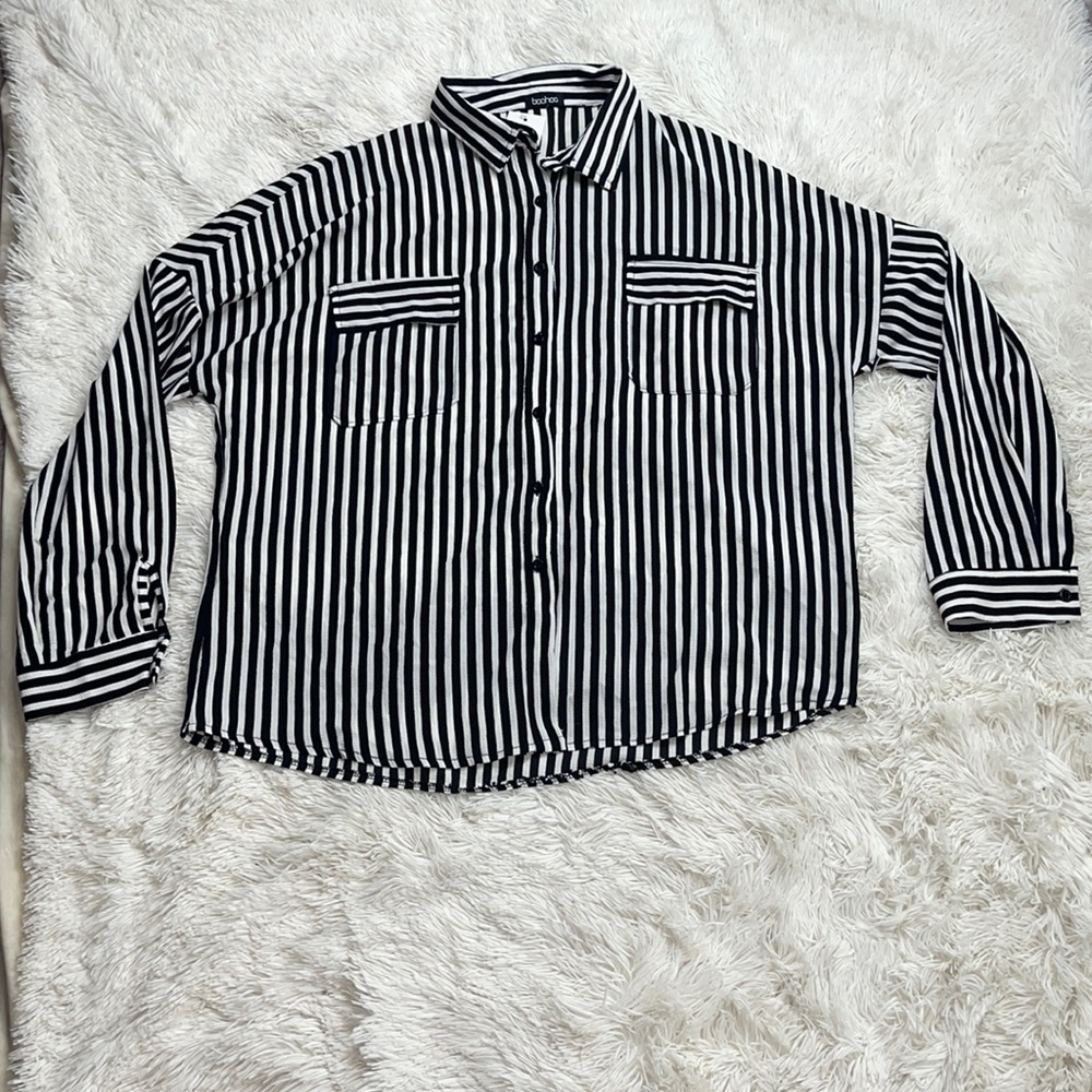 Boohoo Striped Flap Pocket‎ Drop Shoulder Button Down Blouse Shirt